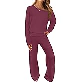 MEROKEETY Women's Fall Pajama Set Fuzzy Fleece 2 Piece Loungewear Off Shoulder Sweater Tops Wide Leg Pants Matching Outfits