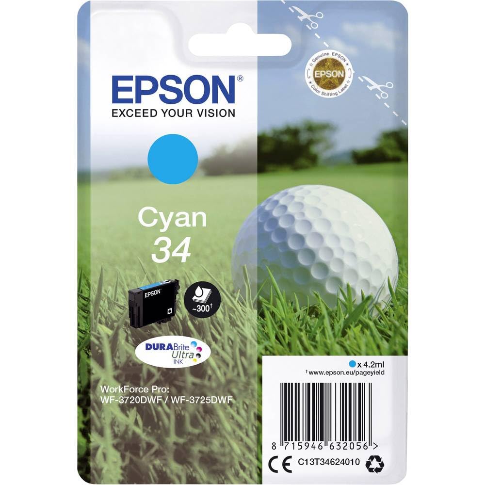 Epson 34 Cyan Golfball Genuine, DURABrite Ultra Ink Cartridge, Standard Capacity