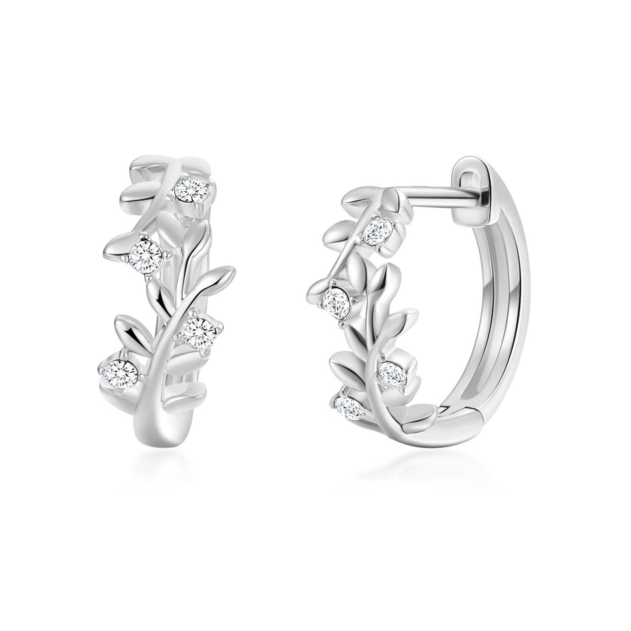 Philip Jones Silver Plated Leaf Hoop Earrings Created with Zircondia® Crystals