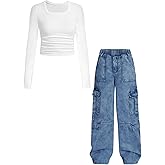 Tween Girls Clothes 2 Piece Long Sleeve Top + Denim Cargo Pants, Teen Girls Fall Clothing Set, Sizes 5-12 Years