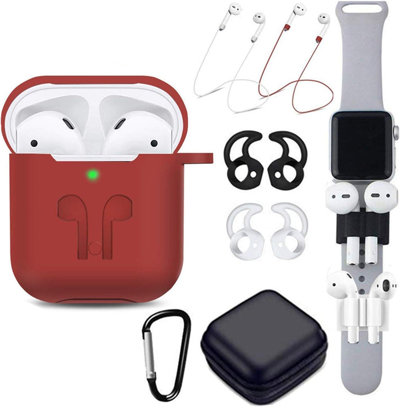 TAOSANHU AirPods Case 9 in 1 Accessories Kits Protective Silicone Cover Skin(Front LED Visible) with Ear Hook Grips Airpods Staps/Clips/Tips/Zipper Case/Watch Band Holder