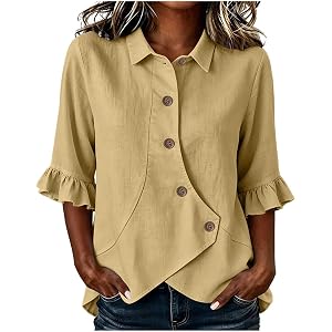 UHBYGV 3/4 Sleeve Button Down Shirts Women Irregular Hem Ruffle Tops Collared Dressy Loose Fit Blouse for Vacation Casual