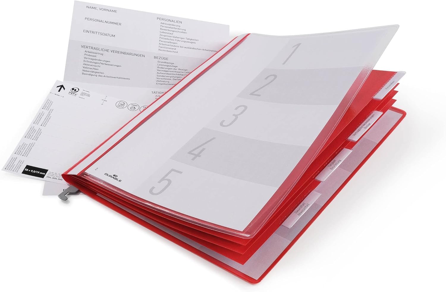 Durable Personnel Document Folder A4 - With Suspension Rail - Includes Cover Sheet & 5 Index Tabs - Red - Pack of 5