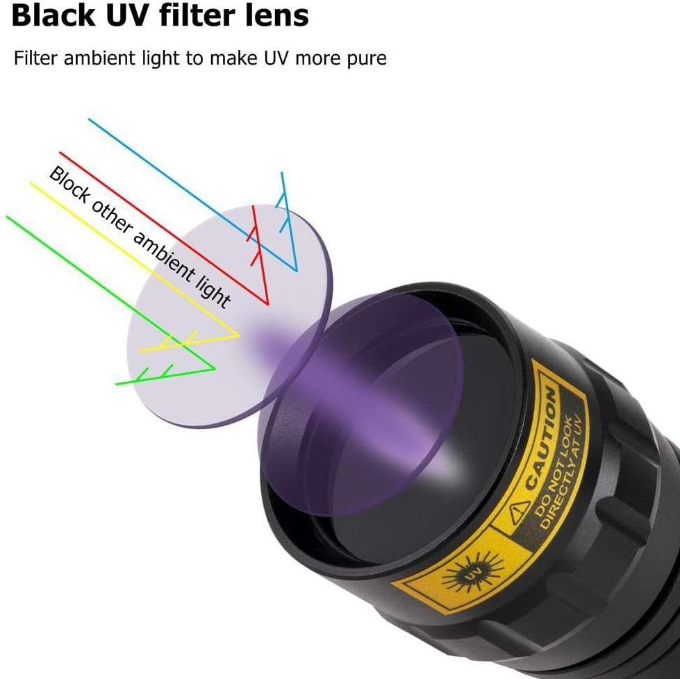 UV LED Black Light Handheld Flashlight Waterproof Flashlights with Filter Lens Lamp Rechargeable Batteries Blacklight Detector for Spot Carpet Pet Urine Stain Catch, Resin Glue Curing Light - - 