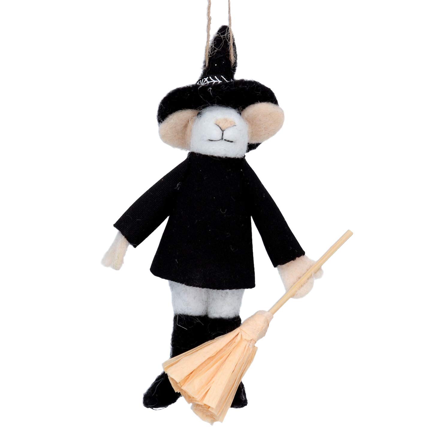 Gisela Graham Wool Mouse Halloween Wizard with Broom Decoration