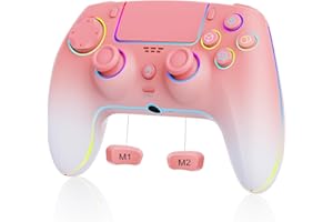 JUNHUAN Wireless Pink White gradient Controller for PS5 Pro/PlayStation-5/PC/Mac/Steam Deck with Hall Effect joystick trigger/Back Paddles/Cool RGB/TURBO/headphone Jack - Built-in Speakers Support P-S5 Console Audio