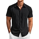 Runcati Mens Button Down Linen Shirt Short Sleeve Casual Vacation Shirts Summer Beach Wedding Tops with Pocket