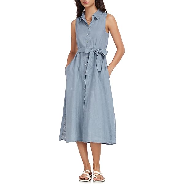 Amazon.com: Amazhiyu Womens Pure Linen Summer Sleeveless Swing Striped V  Neck A Line Midi Dress Blue, Small : Clothing, Shoes & Jewelry