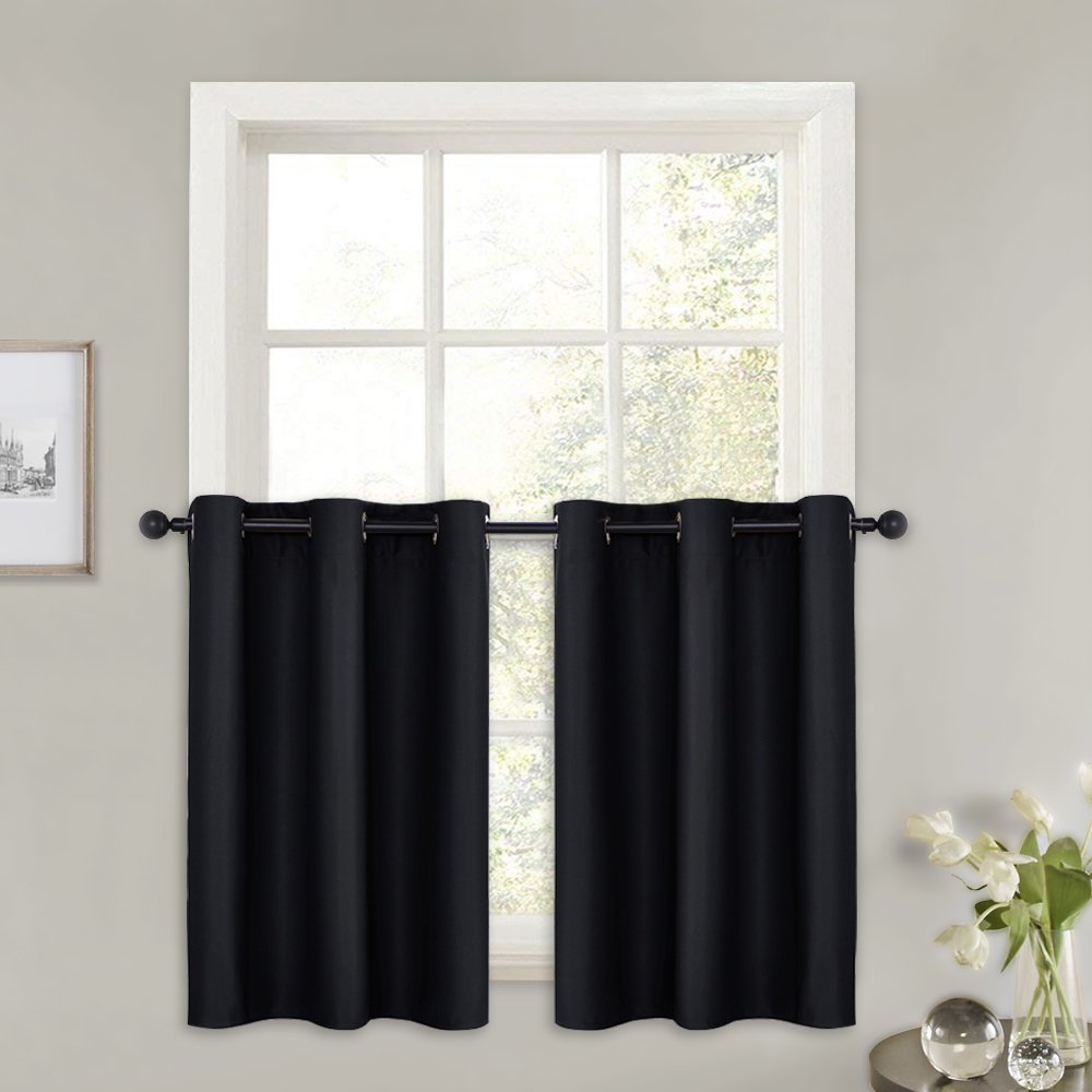 PONY DANCE Blackout Curtain Tiers - Drapes Panel Set Blinds Grommet Top Window Treatments Black Out Kitchen Curtain Valances for Small Windows, 42" W x 36" L, Black, 2 Pieces