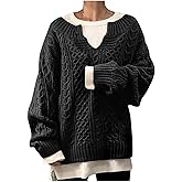 Womens Vintage Chunky Cable Knitted Pullover Sweaters 2025 Fall Sweaters V Neck Long Sleeve Jumper Tops