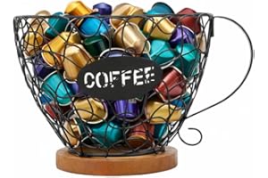 Decumeby 35 Capacity Coffee Pod Holder Organizer, Metal Storage Basket with Wood Base, Holds Coffee Capsule, Snacks, Toys, De