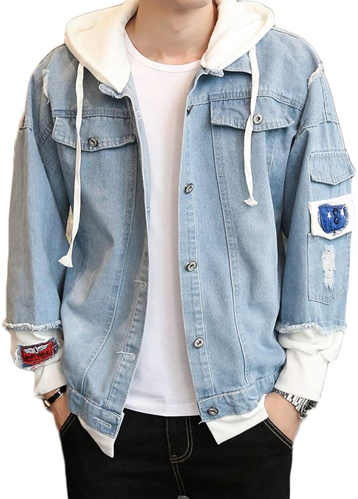 Lavnis Men's Denim Hooded Jacket Casual Button Down Ripped Jeans Jacket Coat Outwear at  Men’s Clothing store