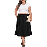 Lastshe Women's Plus Size Midi Skirts Elastic High Waisted Casual Loose Boho A-Line Flowy Skirt with Pockets