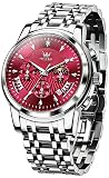 OLEVS Watch Men Red Face Watches for Men Silver Mens Watches Luxury Reloj para Hombre Analog Quartz Dress Stainless Steel Waterproof Chronograph Moon Phase Date Diamond Men's Wrist Watch