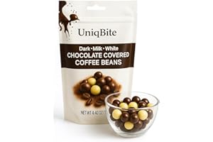 UNIQBITE Chocolate Covered Coffee Beans, 4.4 Oz, Mixed Chocolate Dragees with Whole Roasted Coffee, White-Dark-Milk Chocolates, Resealable Bag