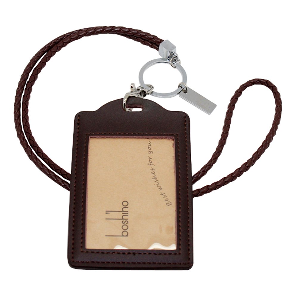 Leather ID Card Badge Holder: Boshiho Genuine Leather Office Lanyard Card Holder with Neck Lanyard Strap 1 ID Clear Window Vertical Style (0125-Brown)