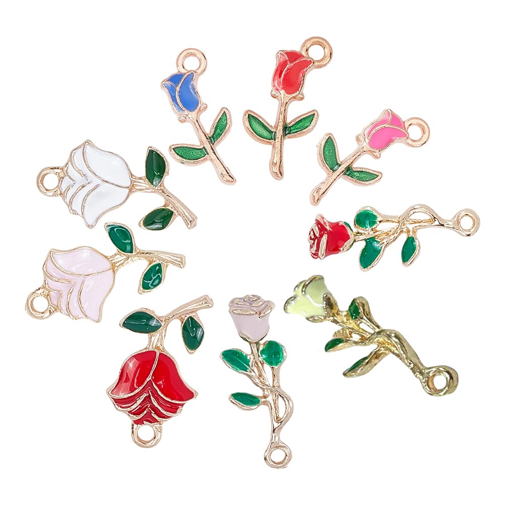 SUNNYCLUE 1 Box 18Pcs 9 Styles Enamel Rose Flower Charms Pendants Gold Alloy Red Rose Flower Charms Jewelry Making Necessary for DIY Making Bracelet Necklace Earring