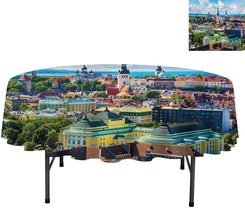 Aishare Store Round Tablecloth, Scenic View Old Town Tallinn Estonia Ancient European Ca, Water Resistant Spill Proof Tablecloths for Dining, Round 60", Multicolor