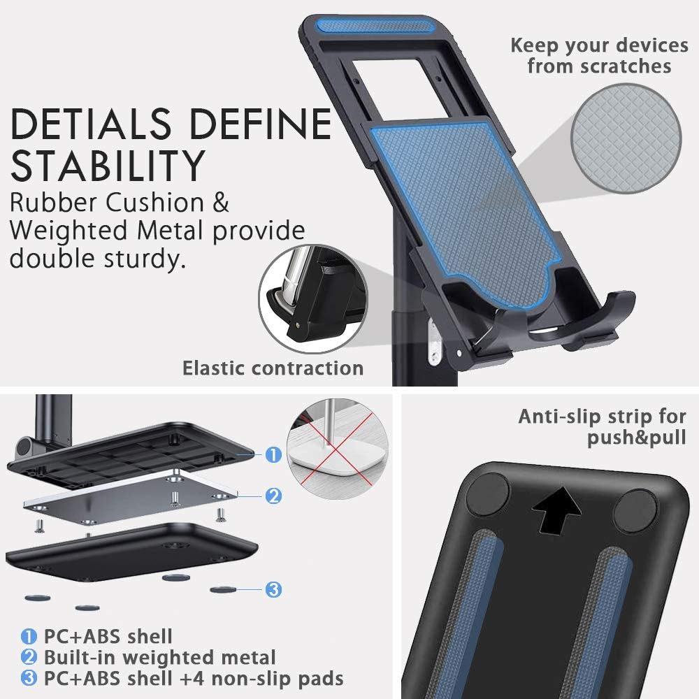 Universal Adjustable Cell Phone Stand (Upgraded), CASEOWL Fully Foldable Tablet Stands Portable Phone Holder Mount Compatible with iPhone/Samsung/LG/All Mobile Phone/iPad/Kindle/Tablet/Switch (Black)