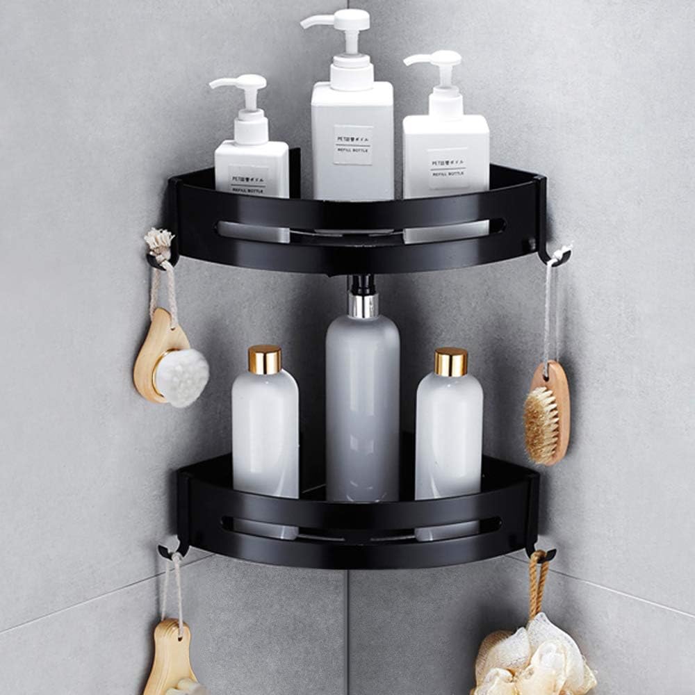 AK KYC Shower Corner Shelf Shower Caddy Nail Free Wall Mounted Bathroom Shelves-Adhesive(No Drilling)in 2 Pack with 4 Removable Hooks Rustproof Aluminum Basket Organizer Hanging Storage kitchen-Black: Home Improvement