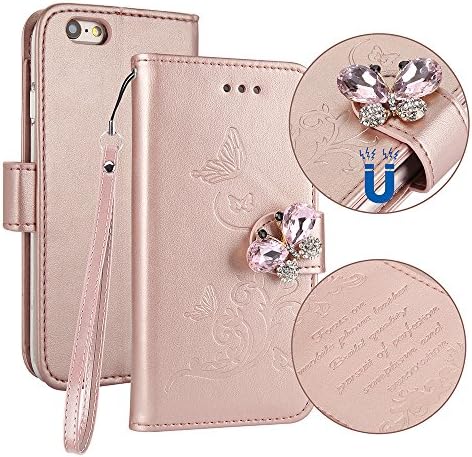 iPhone 6S Plus Case, PU Leather Page Style Built-in Card Slot[5 Cards]Embossed Butterfly with[Transparent TPU Bumper][3D Bling Butterfly Buckle]Wallet Case for Apple iPhone 6S Plus / 6 Plus, Rosegold