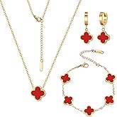 Otdwsd 18K Gold Plated Lucky Clover Jewelry Set Black White and Red Four Leaf Clove Bracelet Necklace and Earrings Fashion Birthday Gifts for Women