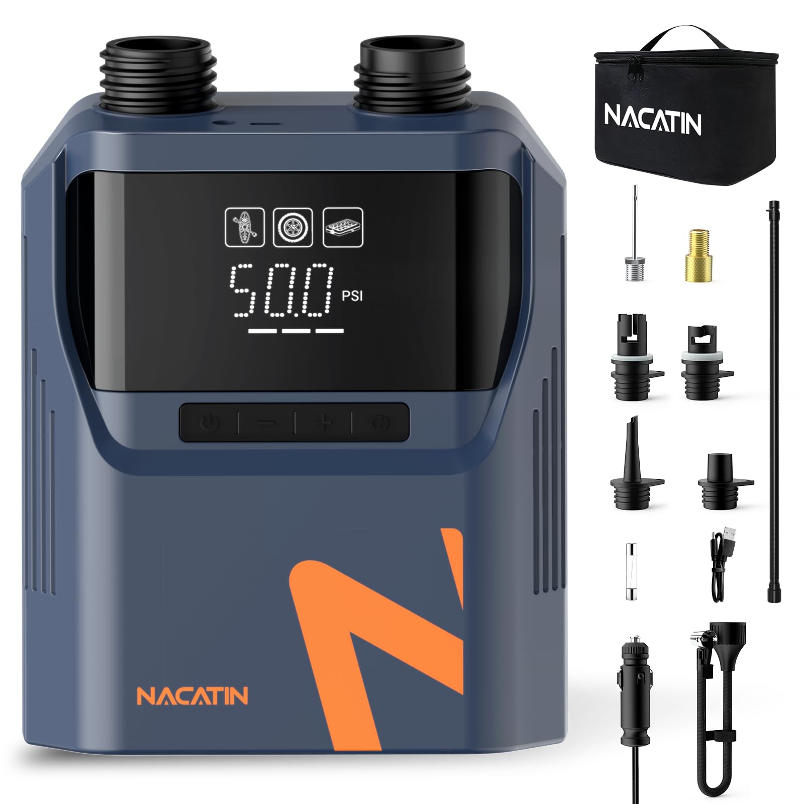 Photo 1 of 50PSI Electric Paddle Board Pump, 5200mah Dual Stage SUP Pump with 6 Nozzles Auto-Off Inflation/Deflation Air Pump for Inflatable Paddle Boards, Cars,Balls,Bicycles