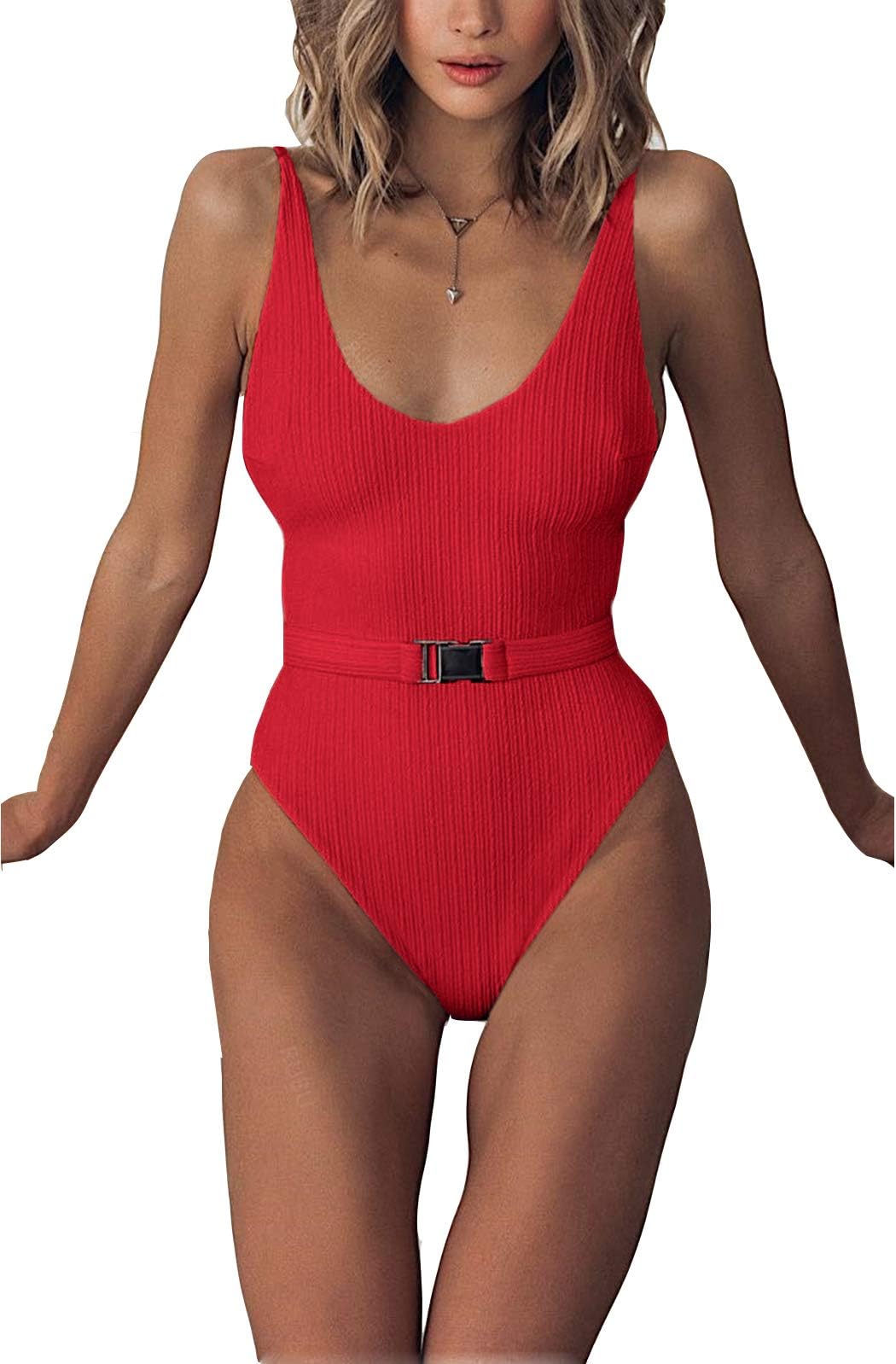 Sexy Womens Monokini Scoop Neck One Piece Backless Cheeky Swimwear Semi Thong Bikini with Belt
