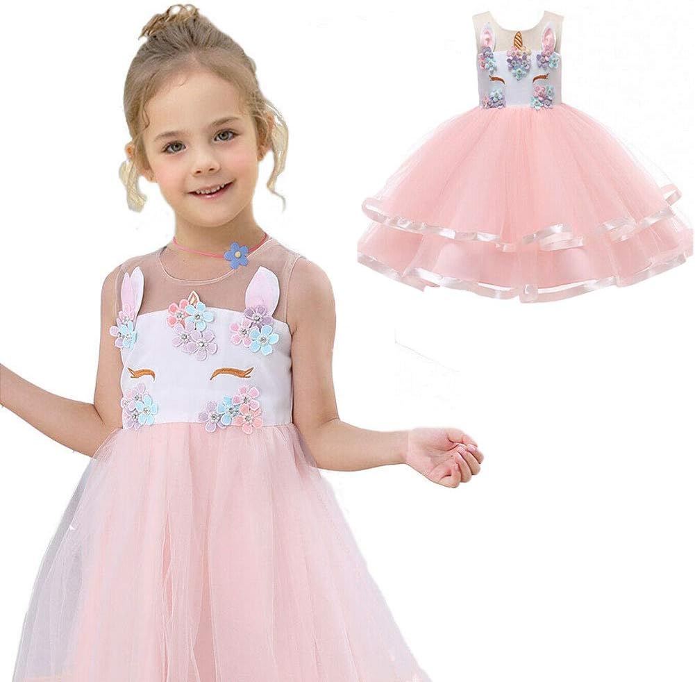 Girls Unicorn Party Dress Kids Birthday Tulle Tutu Dresses with Headband