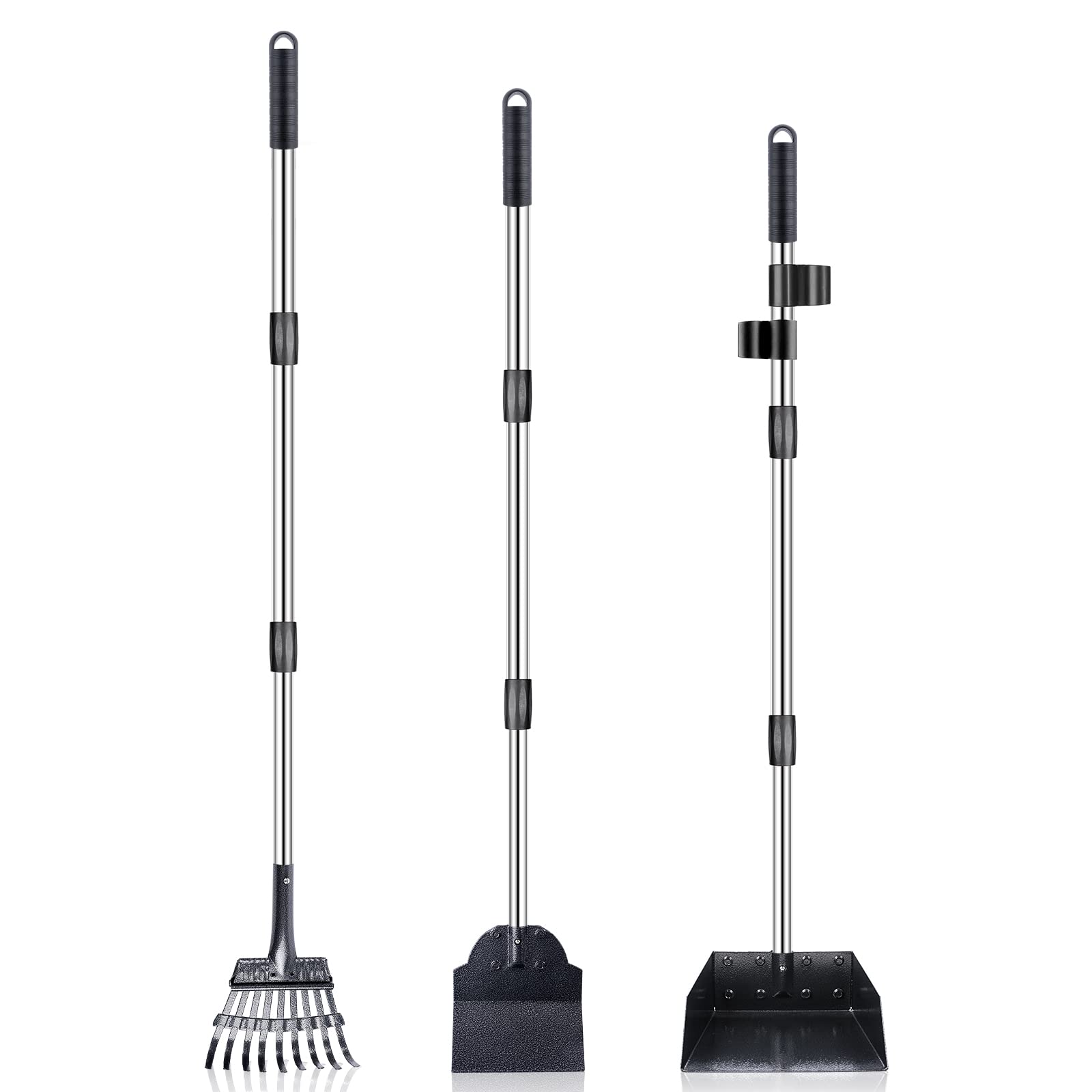 Photo 1 of TNELTUEB Dog Pooper Scooper Set, 3 Pack Adjustable 49.1 Inches Long Handle Metal Tray, Rake and Spade Poop Scoop for Waste Removal, No Bending Clean Up for Large and Small Dog