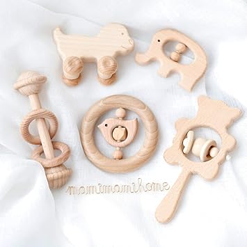 Mamimami Home 5PC Baby Holz Beißring Spielzeug Buchenholz Tier Elefant Vogel Ringe Sensorische Aktivität Neugeborenen Kinderk