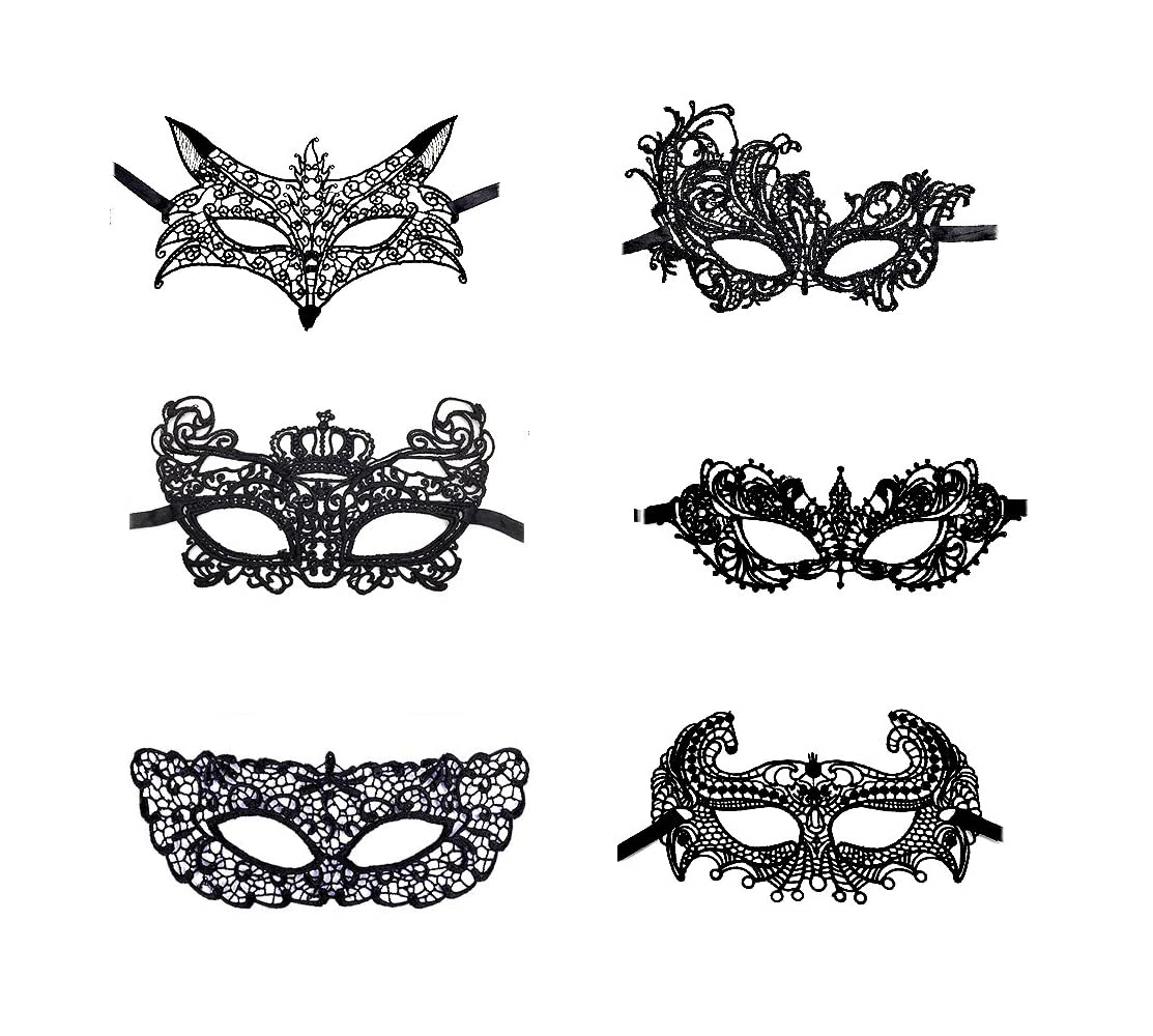 KAIAIWLUO Masquerade Mask,6 PCS Venetian Masks Sexy Black Lace Eye Mask with Elastic Bands for Women Lady Chirismas Party Masquerade Ball