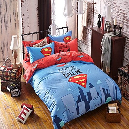 Personalized 4 Piece Bedding Set, Cool Superman Bedding, Smooth Pure Cotton Bed Sets, Quilt Cover, Fitted Sheet & Pillow Cases (Queen)