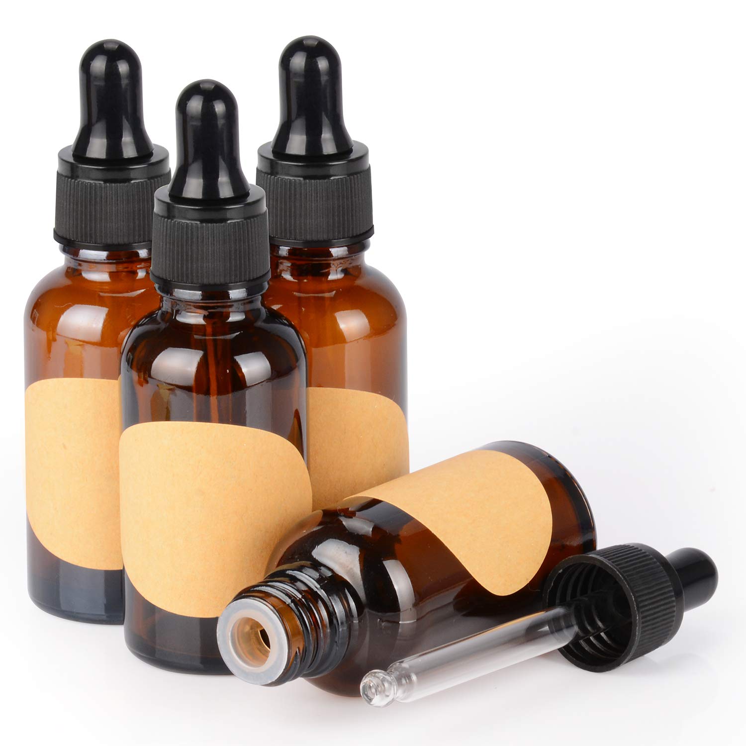 stonylab 4-Pack Glass Dropper Bottle, Empty Bottle with Glass Dropper, Inner Plug and Label for Laboratory Solutions (30 ml, Brown)