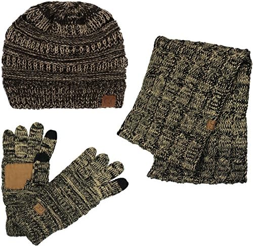 ScarvesMe CC 3pc Two Tone Trendy Warm Chunky Soft Stretch Cable Knit Beanie, Scarves and Gloves Set