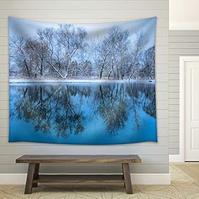 Landscape is Not Still Pond with Snowy Shore - Fabric Wall Tapestry Home Decor - 51x60 inches