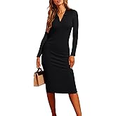 Valiamcep Women's Dress Long Sleeve V Neck Collared Ribbed Knit Bodycon Casual Midi Dresses