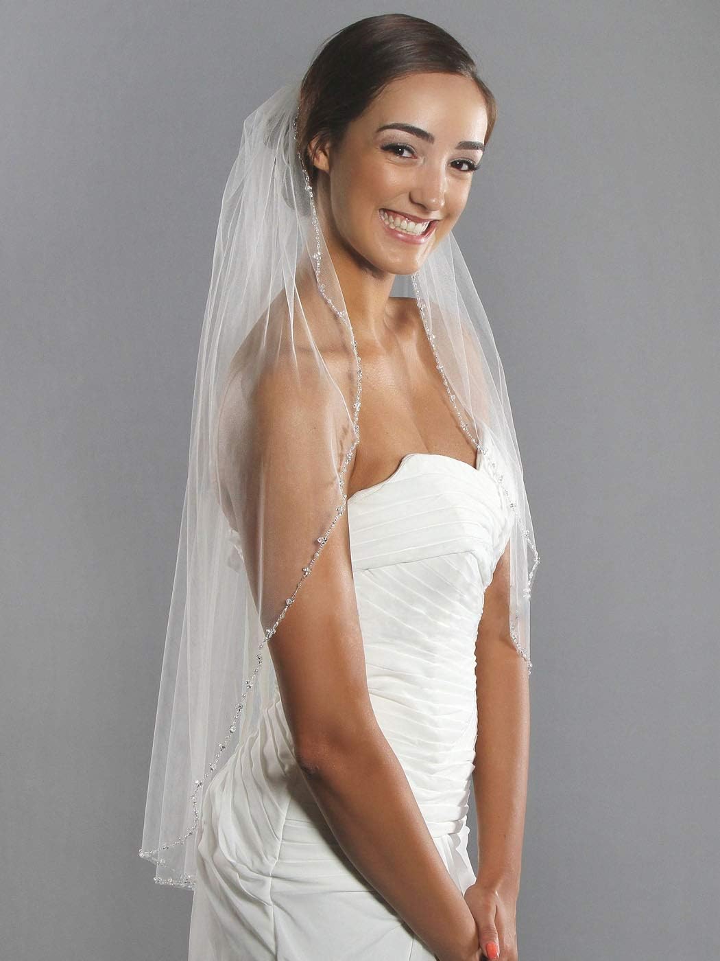 Barogirl Wedding Veil White with Rhinestones 1 Tier Beaded Edge Bridal Veil Fingertip Length with Comb for Brides (White)