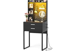 Besiost Small Vanity Desk with Hutch and Drawers, Black Makeup Vanity Desk with Charging Station, Vanity Table Dressing Table with LED Lights, Vanity Desk No Mirror with Pegboard for Girls Women, 24"