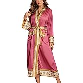 Daiwor Kout Silk Satin Robe for Women Long Kimono Robe Lightweight Floral Trim Bathrobe Luxury House Robes with Pockets