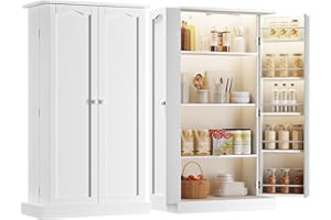 FJTJBSI 50" LED Kitchen Pantry Cabinet with 3 Adjustable Shelves and 2 Doors Wood Pantry Storage Cabinet with Handle for Kitchen Living Room and Dinning Room White