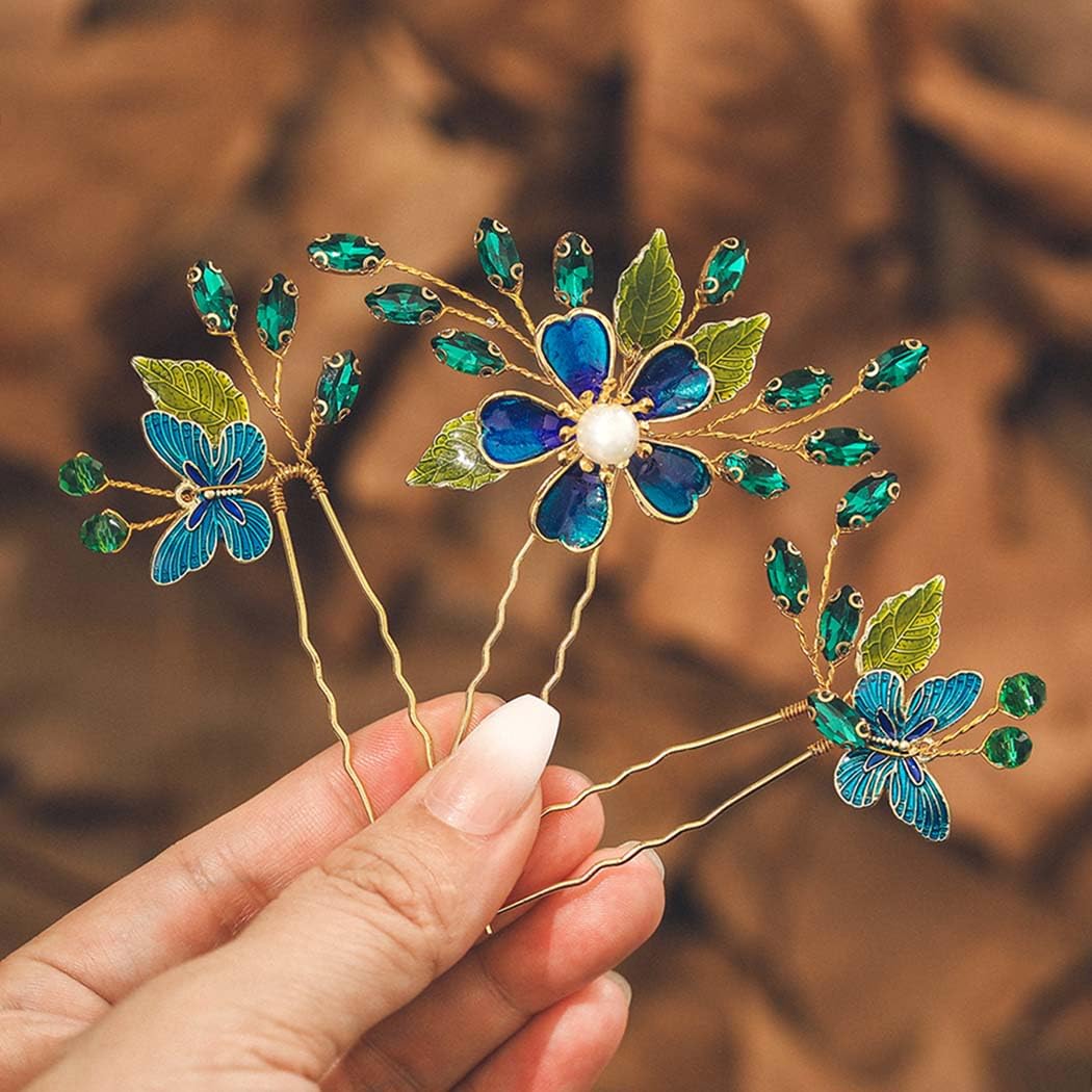 IYOU Baroque Wedding Hair Pins Green Flower Bridal Hair Piece Butterfly Guest Bridesmaid Hair accessories for Women(Pack of 3)