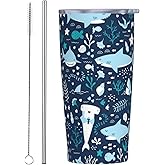 XUNNEECY Cute Sharks Underwater Tumbler Cup with Lid and Straw, 20 oz Stainless Steel Insulated Travel Mug, Hot and Cold Water Bottle, Water Plants Souvenir for Men Women