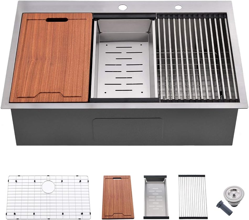 33 Kitchen Sink Drop in - VOKIM 33 Inch Topmount Kitchen Sink Stainless Steel 16 Gauge R10 Tight Radius Single Bowl Sink Overmount Ledge Workstation Sink