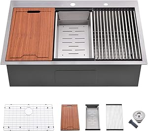 33 Kitchen Sink Drop in - VOKIM 33 Inch Topmount Kitchen Sink Stainless Steel 16 Gauge R10 Tight Radius Single Bowl Sink Overmount Ledge Workstation Sink