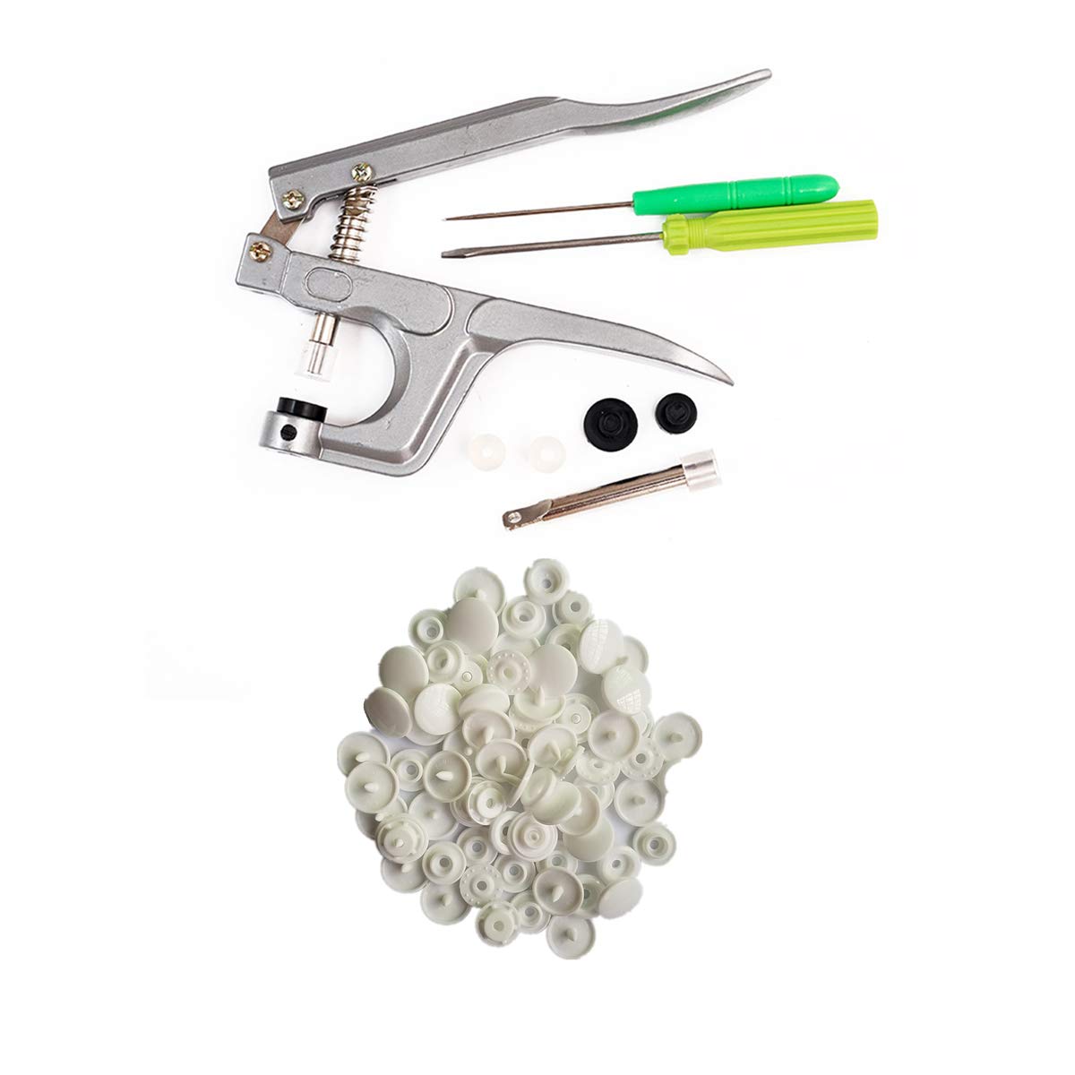Photo 1 of 100 Complete White Plastic Snaps Hand-held Pliers Tool Installs Sizes 20, 22, 24 T5 No-Sew Button Snap Fastener Press Attacher Punch