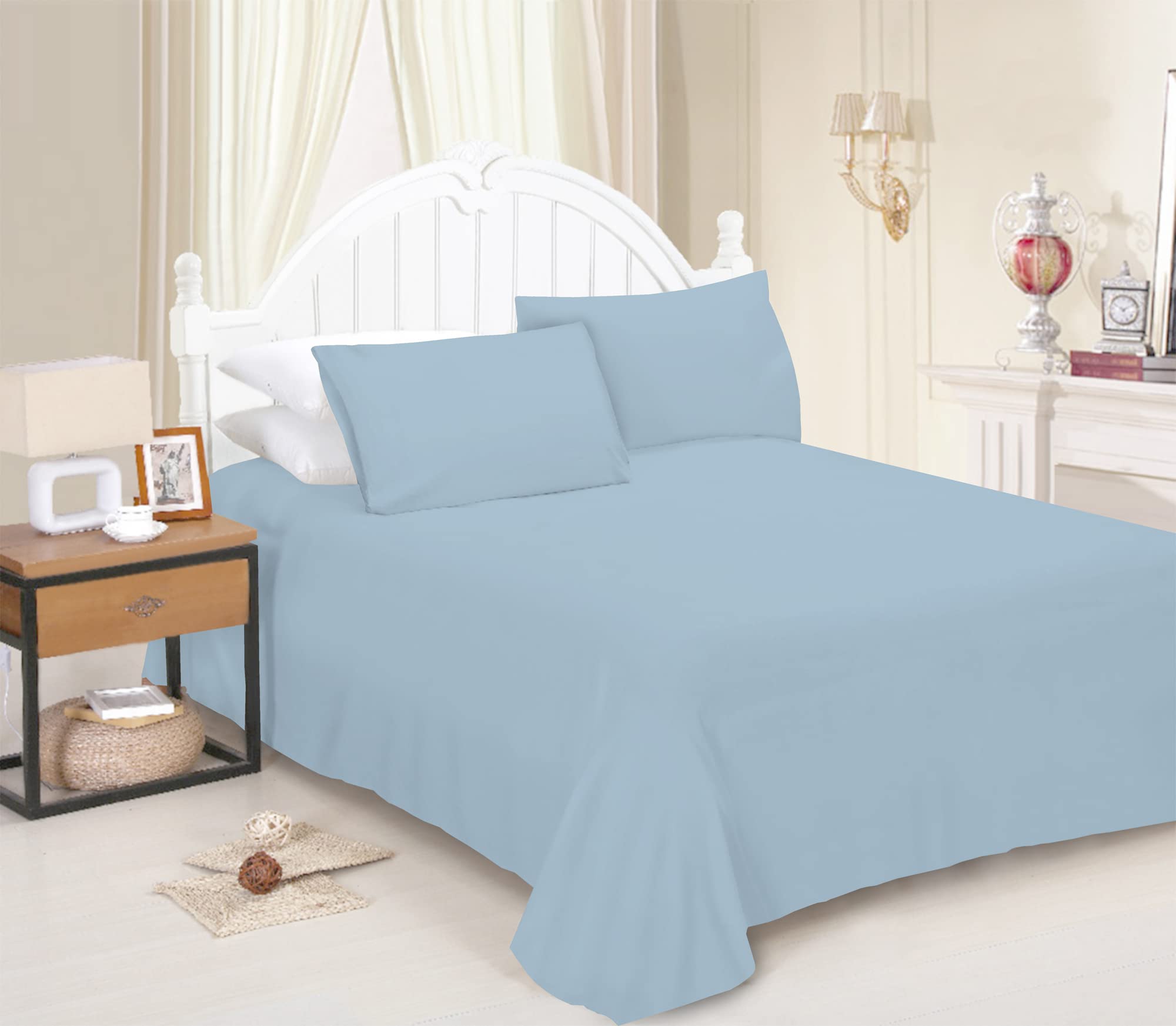 JRI® Flat Sheet- Luxurious Bed Sheet-Breathable-Hypoallergenic-Comfortable Poly Cotton Flat Sheet-Soft Touch Wrinkle Free (Sky Blue-Single) - (Same Day Dispatch)