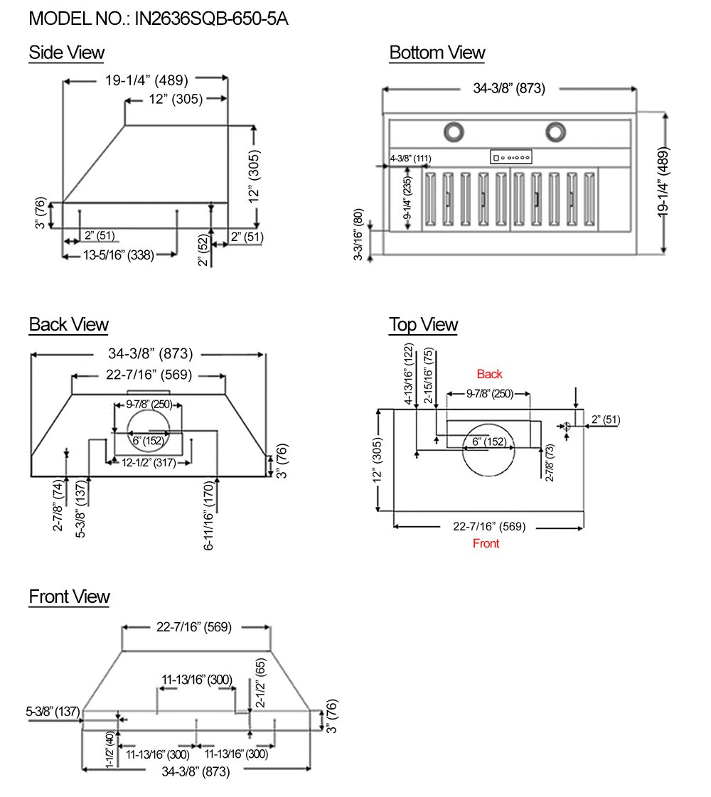 KOBE Range Hoods IN2636SQB6505A Insert Range Hood, 36Inch, Stainless