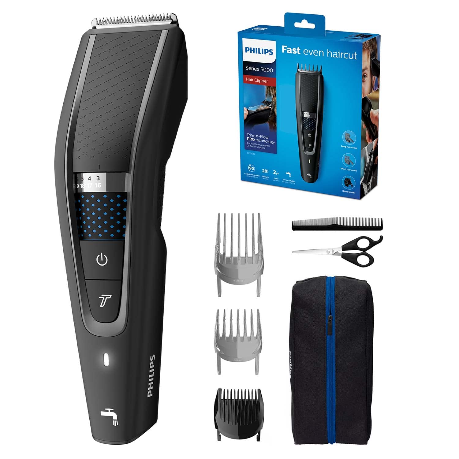 PHILIPS Hair Clipper Series 5000 with Trim-n-Flow PRO Technology, Corded and Cordless Use, 28 Length Settings - HC5632/13, Black, 1 Count (Pack of 1)