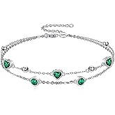CRMAD S925 Sterling Silver 12 Birthstones Heart Double Layer Anklet Bracelet for Women, Adjustable Dainty Anklet Gift